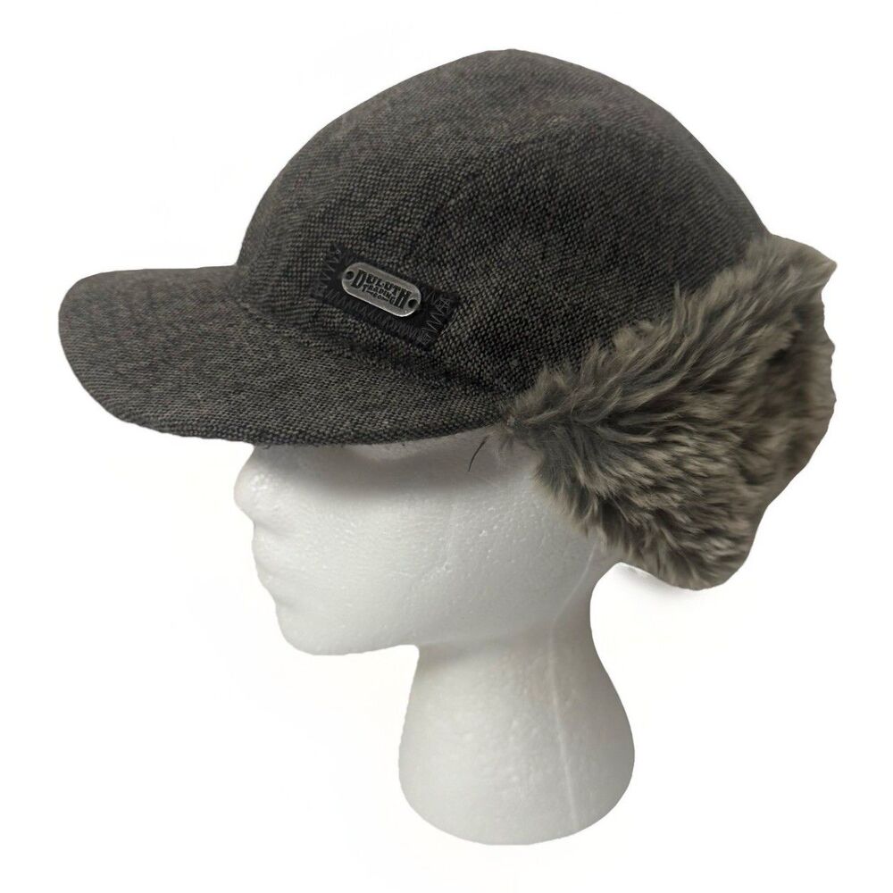 Duluth Trading Co Wool Fair Isle Fur Winter Flap Trapper Gray Gorpcore Hat S/M